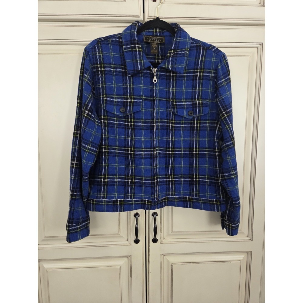 Vtg Express Wool Blend Plaid Crop Jacket Women's‎ M Blue 90s Y2k